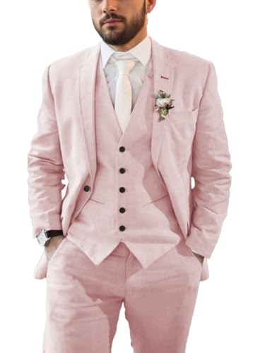 Men Linen Suit Set Men Tuxedo 3 Piece Regular Fit Blazer Jacket Vest and Pants Prom Wedding Party Suits4