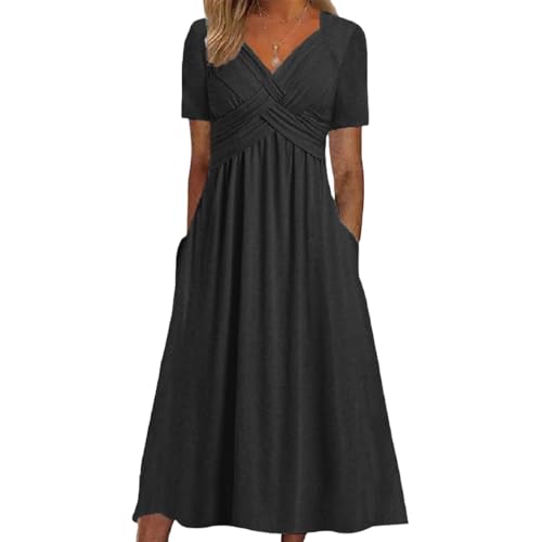 Womens Spring Summer Dresses for Wedding Guest, Casual Plus Size Cross Short Sleeve Tiered Maxi Dress with Pockets