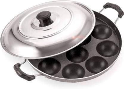M MISHITA 12 Cavity Non-Stick Aliminium Appam Patra, Paniyarakal with 2 Side Handle and Stainless Steel Lid(Grey)