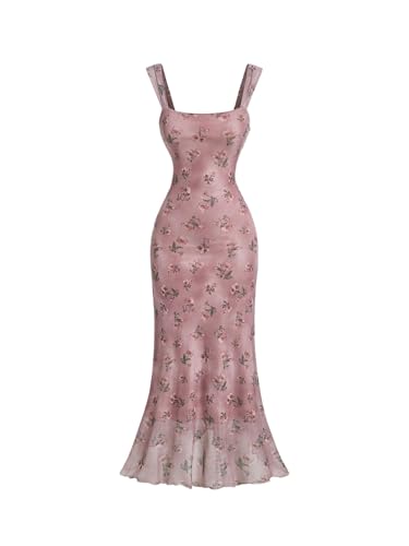 Image of Floerns Women's Rose Floral Print Mesh Midi Dress Fishtail Hem Vacation Bodycon Dresses