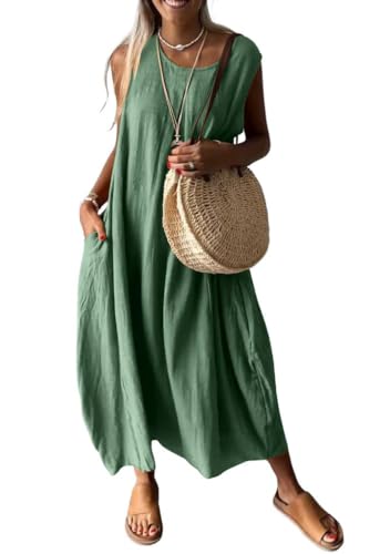 chouyatou Women's Summer Sleeveless Linen Tank Dress Casual Loose A-Line Midi Long Beach Dress