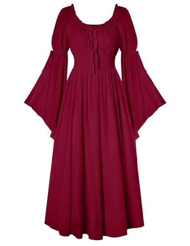 Damen Maxi A-Linie Kleid Renaissance Style Gesmokte Taille Mittelalter Kleider mit Seitentaschen Weinrot XXL