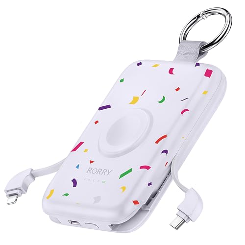 Image of RORRY CharmGo Portable Charger, 10000mAh 20W Fast Charging Portable Charger Power Bank with Built in Cables, Travel Battery Pack for iPhone 17 /16 /15 /14 /13 /12 and Apple Watch, Confetti-Purple