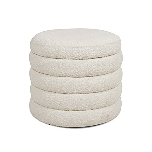 19 Inch Round Storage Ottoman Pouf, Oversized Upholstered Footrest with Hidden Storage, Bouclé Fabric, Modern Living Room Accent Seat (White)