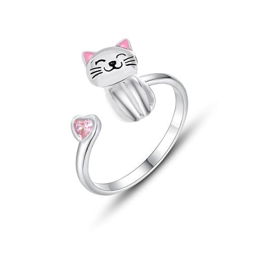 NewZenro Cute Cat Pink CZ Heart Love Statement Open Rings for Women Dainty Silver Plated Animal Adjustable Engagement Small Finger Ring Comfort Fit Fashion Jewelry for Her Bff Pet Lover
