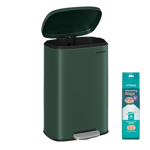 SONGMICS 13 Gallon (50 L) Trash Can, Stainless Steel Kitchen Garbage Can, Recycling or Waste Bin, Soft Close, Step-On Pedal, Removable Inner Bucket, Retro Green ULTB050C01