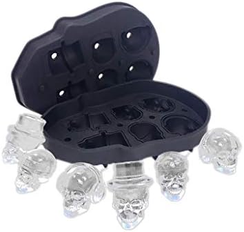 Halloween Ice Cube Trays Silicone 3D Skull Ice Cube Molds 6-Ice Cube with Lid, Skull Head Style Mold, for Whiskey, Cocktail, Beverages,Pudding Chocolate Candy Mold