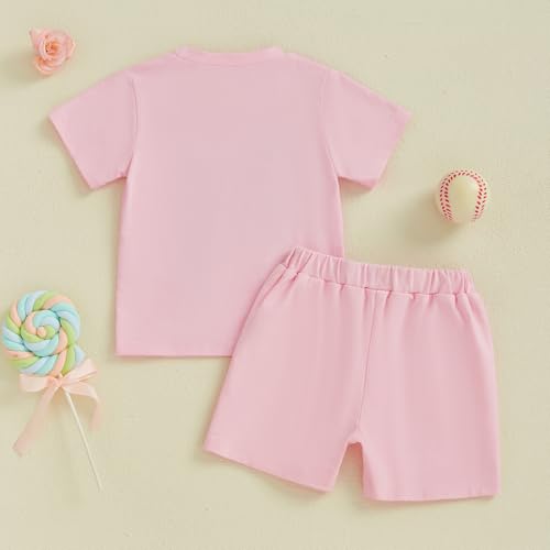 Gueuusu Toddler Baby Girl Summer Outfits Baseball Bow Fuzzy Embroidered T Shirt Top Shorts 2Pcs Baseball Game Day Clothes3