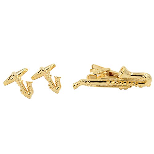 Gold Saxophone Cuff Links Musician Jazz Lover Cufflinks and Tie-Clip Set