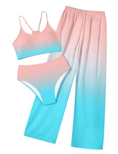 Image of NECIOUS Girls Swimsuit, 3 Piece Bikini Bathing Suit Tropical Floral Swimwear with Cover Up Pants 7-16Y