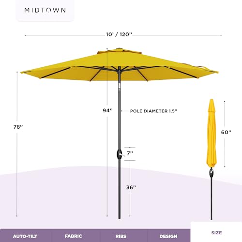 Image of Midtown Umbrellas - 10-Year-No-Fade 10 Ft Patio Umbrella with Terylast Fabric, Auto-Tilt Aluminum Frame and 8 Reinforced Ribs for Deck, Pool, Garden & Beach - Sunflower Yellow Canopy, Black Pole