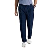 Haggar Men's Expandable Waist No Iron Dark Denim Pleat Front Pant, Navy,34x30