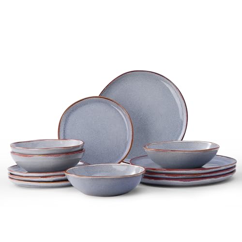 Image of Bestone 12 Pieces Round Kitchen Dinnerware Sets,Plates and Bowls Sets,Dishes, Plates, Bowls, Dish Set, Chip Resistant Ceramic Dinnerware Set, Dishwasher /Microwave Safe,Service for 4,Reactive Blue
