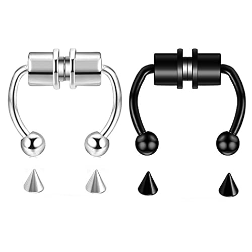 SUNXN Magnetic Septum Fake Nose Ring Hoop Horseshoe Nose Ring Reusable Nose Ring Hoop Non Piercing 316L Stainless Steel Clip On Nose Jewelry for Women Girls Man (Style C-Silver & Black)