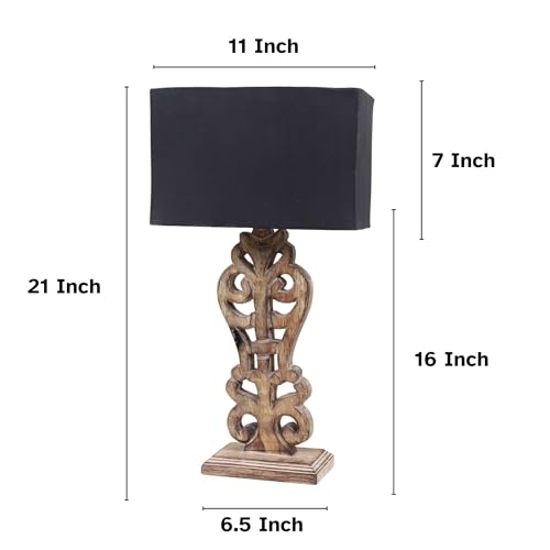 Image of tu casa Mangowood Rustic Brown French Table Lamp for Home Decoration, Bedroom, Living Room, Lounge, Office, Festival Gifting, Study Table (Black with Cotton Shade) H - 21 inch / No Bulb