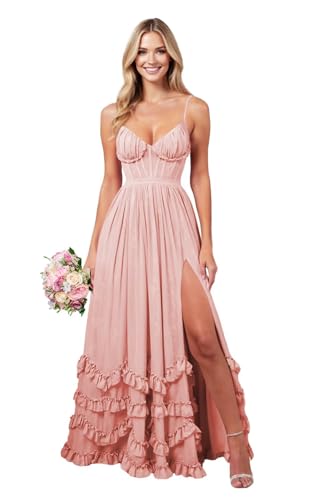 V-Neck Long Bridesmaid Dresses with Slit Chiffon Ruffles Spaghetti Straps Corset Pleated Formal Maxi Dress