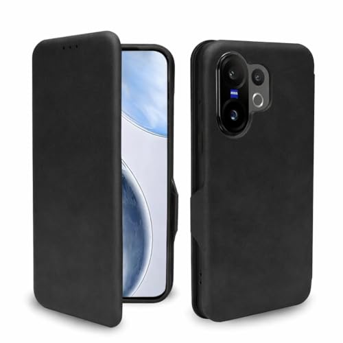 Image of Vegan Leather Flip Wallet Case for Vivo X200 FE, Premium PU Cover with Card Slot, Magnetic Closure, Kickstand Stand, Durable Slim Design, Privacy Protection, Elegant Black Finish