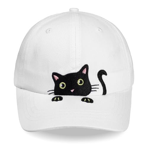 Girls Criss Cross Ponytail Hat Cute Embroidered Black Cat Hats for Girl Adjustable Cotton Baseball Cap for Kids Age 3-14