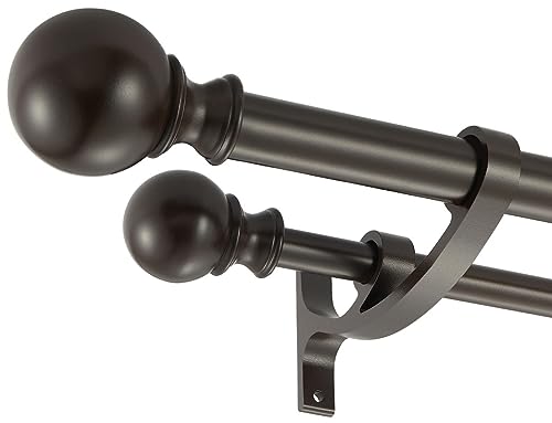 Brown Double Curtain Rods - 48 to 84 Inch, Decorative Drapery Rod with Round Finials, 1-Inch Front and 5/8 Inch Back