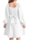 blibean Girls Dresses Solid Puff Long Sleeve Tween Kid Girl Flare Ruffle Wedding Outfits Elegant Semi Formal Party Modest Dress Tie Belted Dressy Zipper Clothes Size 12-13 Years Old White
