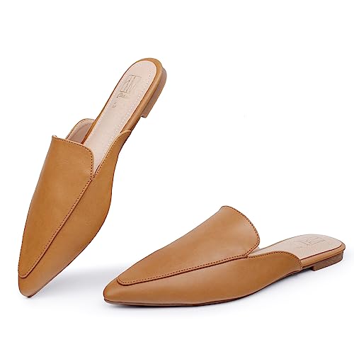 Hawkwell Women's Backless Slip on Slides Comfortable Loafer Shoes Flats Pointed Toe Mules,Brown PU 6 M US