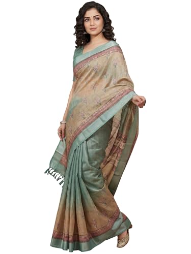 Image of AKHILAM Women's Floral Printed Handloom Cotton Silk Saree with Zari Border and Tassel Pallu Unstitched Blouse Piece | Traditional Ethnic Wear Sarees | Women saree silk | Festive Sari Women's