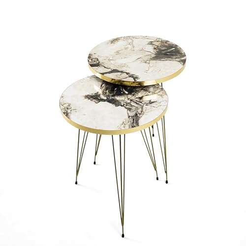 Modern Nesting Table Set of 2 Marble Pattern Coffee Table Round Side & End Table Living Room Furniture (White, Gold Legged)