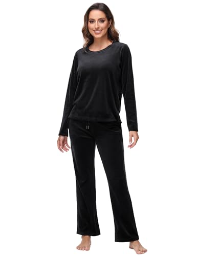 ROYAL MATRIX Womens Velour Sweatsuit, 2 Pieces Velour Tracksuit Jogging Lounge Pajama Set Velvet Sweatshirt and Pants (Black, M)