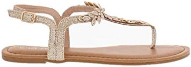 Women's T-Strap Gem Stone Leaf Accent Thong Sandal with Adjustable Buckle (Champagne, 6 B(M) US)
