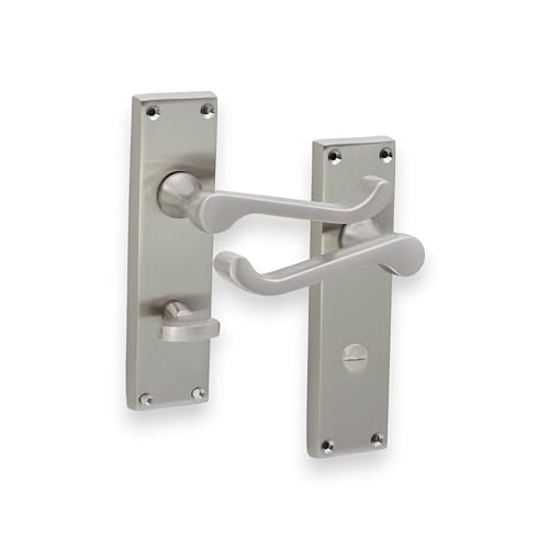 Infinity Decor Pair of Satin Nickel Victorian Scroll Lever Door Handle on Thumb Turn Rectangular Backplate Door Latch Set - Privacy Interior Doors Hanldes for Interior Baathroom Toilet Doors