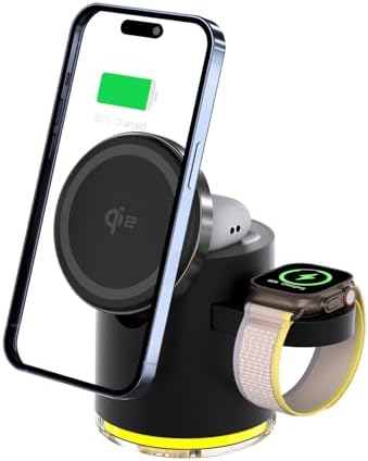 3 in 1 Wireless Charging Station, Qi2 Wireless Charger with Night Lights, Magnetic Charger Dock for iPhone 15/14/13/12 Pro/Max/Plus, AirPods, Apple Watch 2-9/Ultra