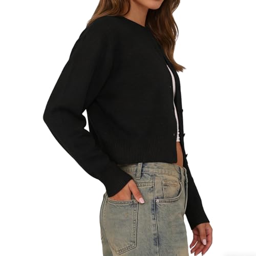 Image of Women Y2K Button Front Crop Sweater Cardigan Solid Color Crew Neck Long Sleeve Knit Fall Tops Streetwear