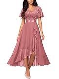 Miusol Women's Classy V-Neck Butterfly Sleeve Sequined Floral Lace Ruffle Split Bridesmaid Party Dress (Large, Cinnamon Pink)