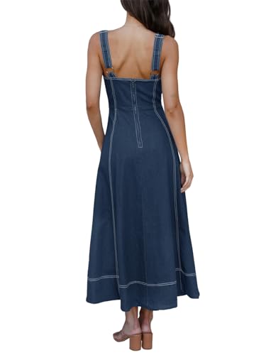 Fisoew Womens Denim Maxi Dress Casual Summer Spaghetti Strap Sleeveless Long Jean Dresses4