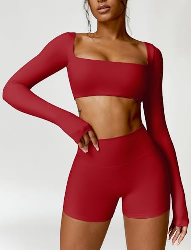 Image of ABOCIW Women Square Neck Long Sleeve Workout Crop Top Low Medium Impact Athletic Yoga Gym Shirts with Built in Bra(ONLY TOP)