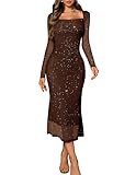 DRESSTELLS Wedding Guest Dresses for Women UK, Sparkly Long Sleeve Aline Square Neck Formal Modest Cocktail Evening Bridesmaid Dress Brown L