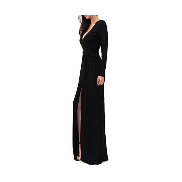Vivicastle Women's USA Sexy Long Sleeve Tulip Wrap Slit Front Full Long Maxi Dress (Large, Black)