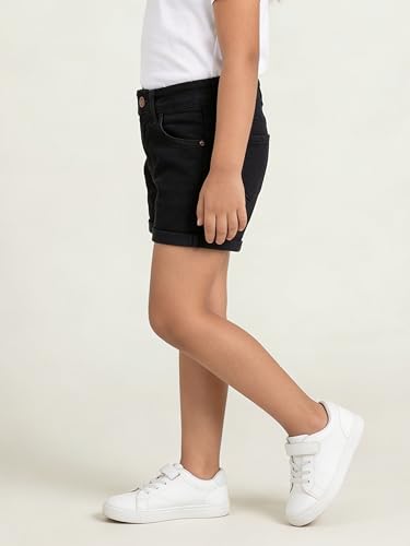 Image of KiddoPanti Girls Tight Length Rollup Denim Shorts with Lavender and Pink 3D Crochet Flowers