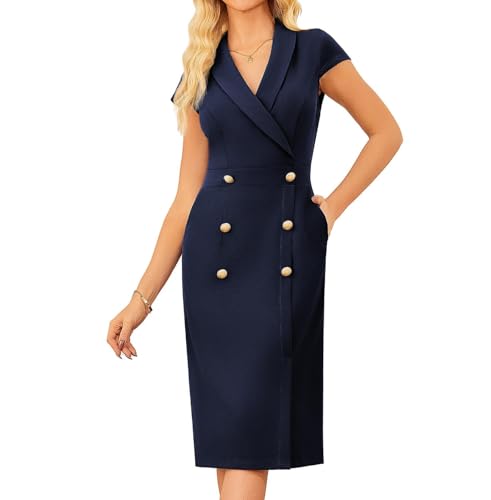 GRACE KARIN 2025 Damen Elegant Kurzarm V-Ausschnitt Bodycon Bleistiftkleid Festlich Party Cocktail Kleid Dunkelblau 44