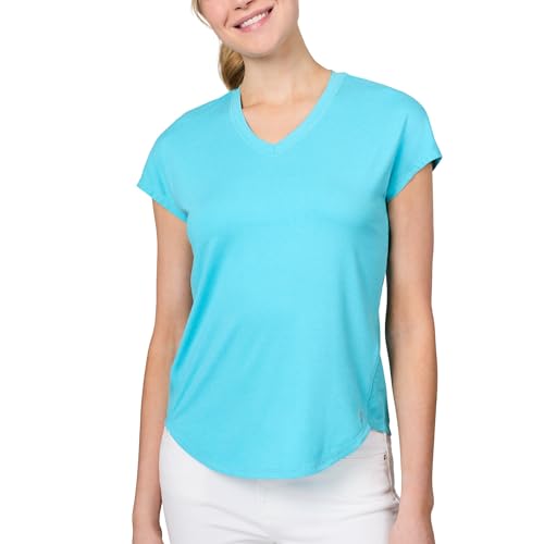 Image of Free Country Women's Athletic T-Shirts Sun UPF 50+ Quick Dry Microtech® Cool Gym Workout Soft Short Sleeve Top Tee-Chill B, Caribbean, M