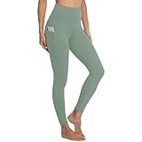 Sport Leggings Damen mit Taschen High Waist Sporthose Laufhose Lang 7/8 Leggins für Yoga Fitness Gym mit handyfach,S-M,Hellgrün