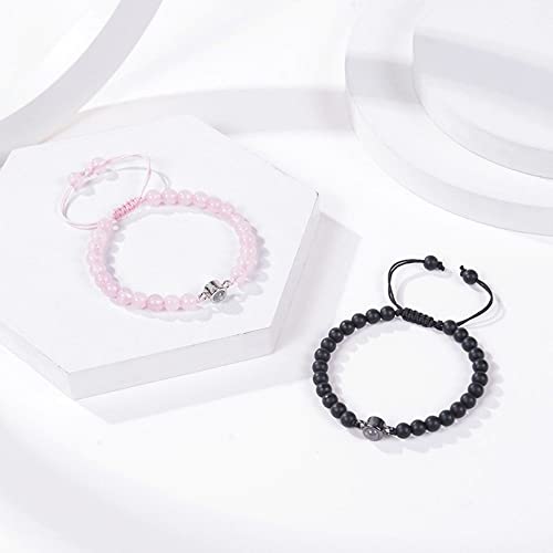 Image of Pingyongchang 2Pcs Natural Stone Bracelets 100 Languages I Love You Bracelets Graduation Gifts,Couple's Memorial Gifts for Boyfriend,Girlfriend,My Love-Black and Pink