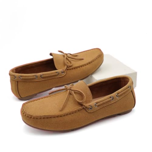 Men's Classic Suede Driving Moccasins, Tan Brown, Slip-on Boat Shoes with Bow Tie, Casual Loafers4