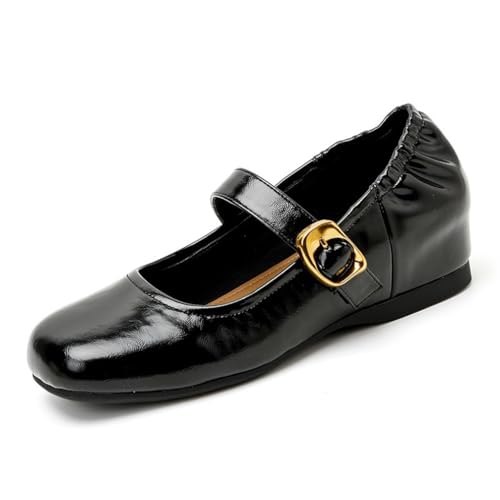 100junzidao Mary Jane Zapatos de Las Mujeres Fondo Plano Peplum Vintage Francés Temperamento Tacones Altos Commuter Cómodo Elegante Ballet Corte Citas Zapatos de Trabajo Negro 38