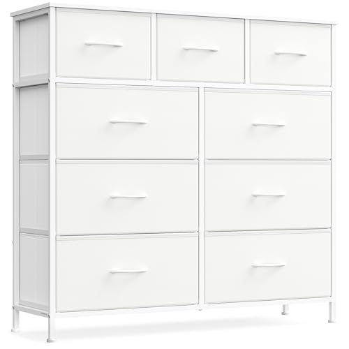 SONGMICS Dresser for Bedroom, Chest of Drawers, Steel, MDF, 9 Non-Woven Fabric Drawers, Storage Organizer Unit, Closet, Entryway, Cloud White and Snow White LGS324W01S