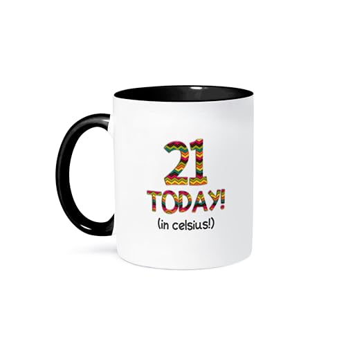 3dRose 21 Today in Celsius-Funny 70Th Birthday 21C is 70 in Fahrenheit Two Tone Mug, 11 oz, Black
