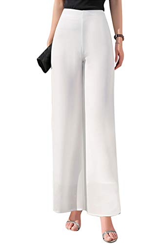 Putaowor Pantalones de gasa de cintura alta elástica Palazzo para mujer, pantalones de vestir acampanados de pierna recta, Blanco Regular, 50