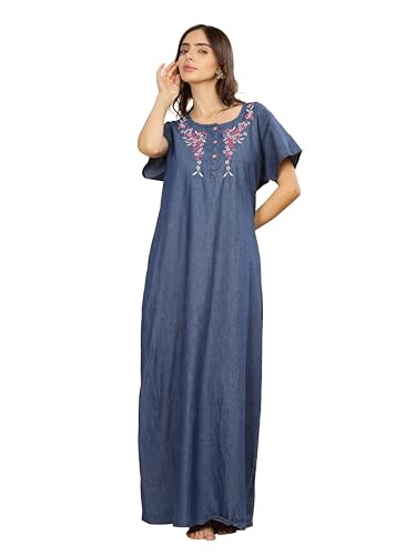 Image of 9shines Label Stylish Denim Cotton Nighty Maxi for Women | Full Length Trendy Nightgown | Premium Nightdress | Nightwear | Embroidery Nighty with Pocket (9SDS)