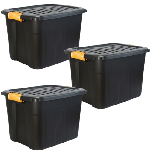 DANIEL JAMES Housewares Heavy Duty Storage Box with Lid - Large Plastic Stackable Storage Boxes with Clip Handles - Lockable BPA Free Indoor Outdoor Garage Storage Trunk Box - 3 Pack Black 42l