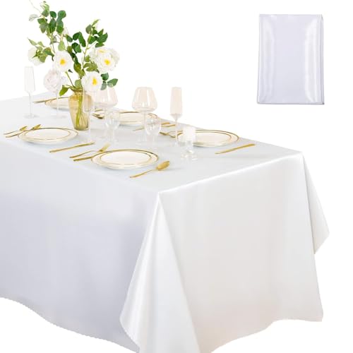 Satin Tablecloth 145 x 220 cm Washable Rectangle Shiny Tablecloth Smooth Fabric Tablecover Bright Silk Desk Decoration for Any Celebration Party Weddings Dining Kitchen(White)